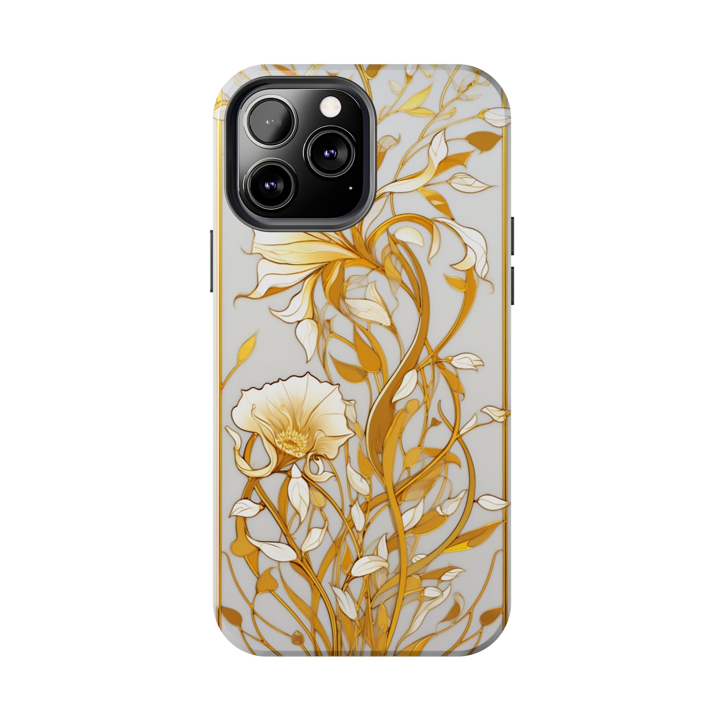 Gold floral Elegance: Art Deco Stained Glass iPhone Case | Vintage Glamour & Modern Protection for iPhone Models 11 through 14 Pro Max