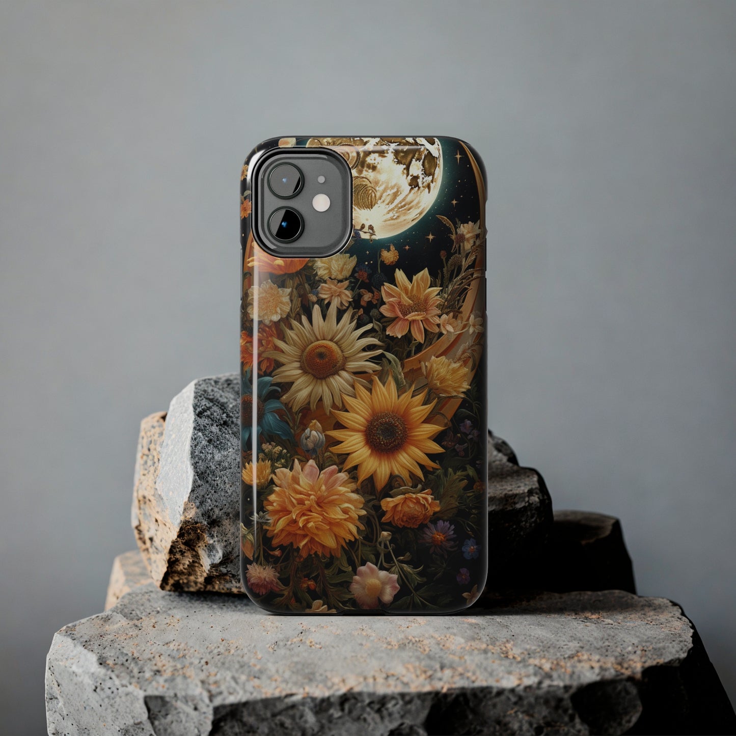 Celestial Charm: iPhone Case with Boho Cottagecore Fusion of Floral, Sun, Moon & Stars