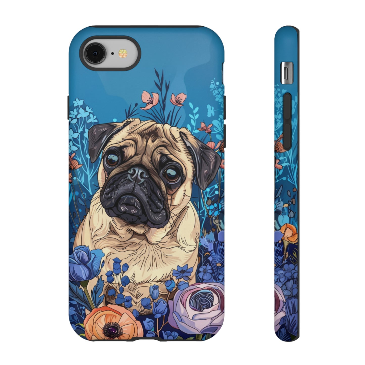 Cute Pug Dog Blue Floral Design Phone Case