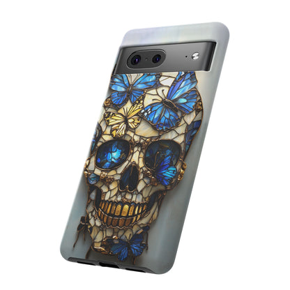 Gold and Blue Stained Glass Skull and Butterflies Phone Cover