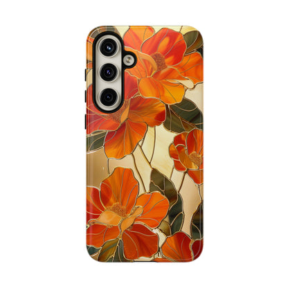 Orange floral phone case for iPhone 15 with stained glass design