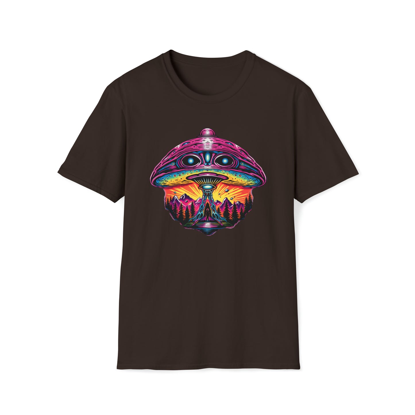 Trippy UFO Galactic Tee - Unisex Cosmic Alien Encounter T-Shirt, Vibrant Space Design