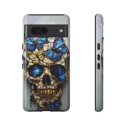 Gold and Blue Stained Glass Skull and Butterflies Phone Cover