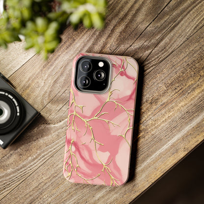 iPhone Elegance Unveiled: Pink & Gold Leaf Marble | Premium Tough iPhone Case