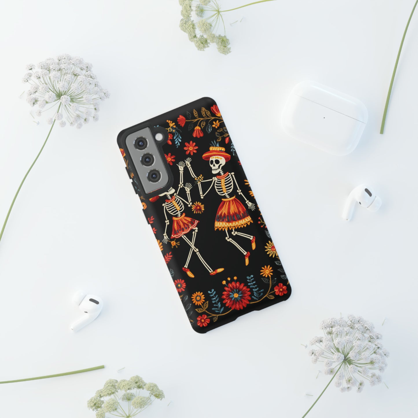 Dead Can Dance, iPhone 15 case, Floral Embroidery Skeletons | Whimsical Dance of the Departed for Google Pixel, iPhone & Samsung Galaxy