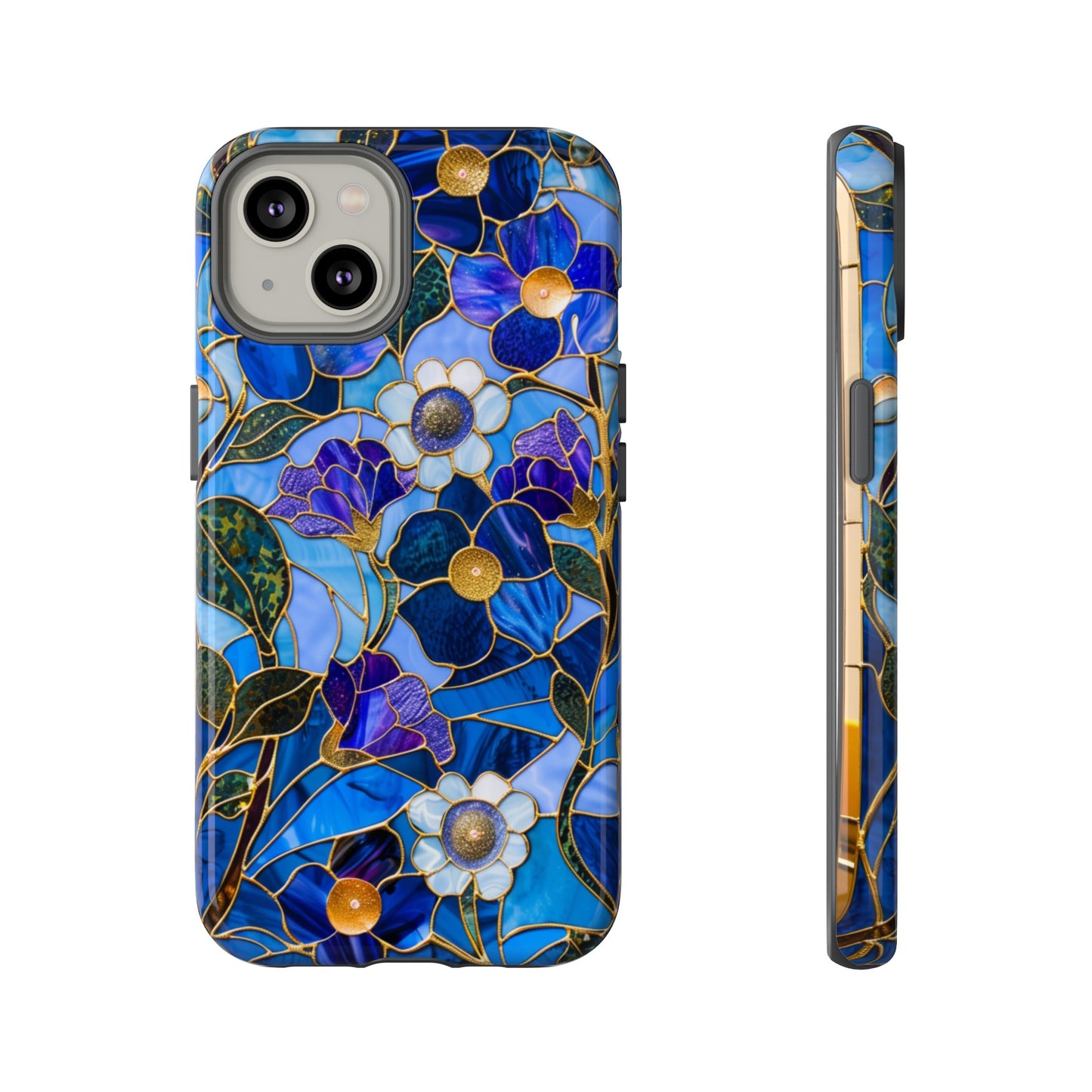 Blue Floral Stained Glass Gold Inlay Wild Flowers Phone Case