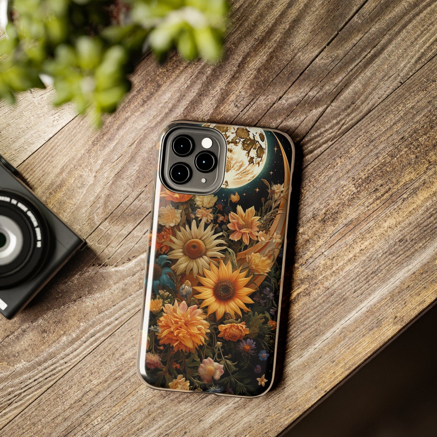 Celestial Charm: iPhone Case with Boho Cottagecore Fusion of Floral, Sun, Moon & Stars