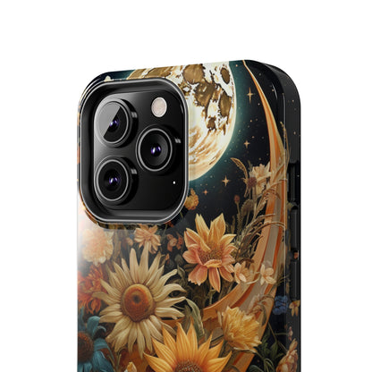 Celestial Charm: iPhone Case with Boho Cottagecore Fusion of Floral, Sun, Moon & Stars