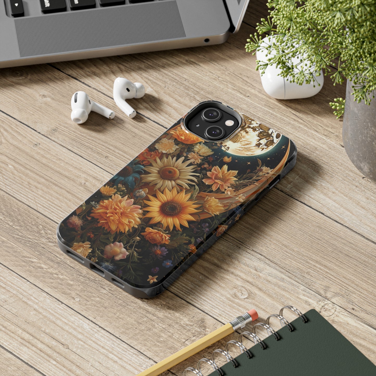 Celestial Charm: iPhone Case with Boho Cottagecore Fusion of Floral, Sun, Moon & Stars