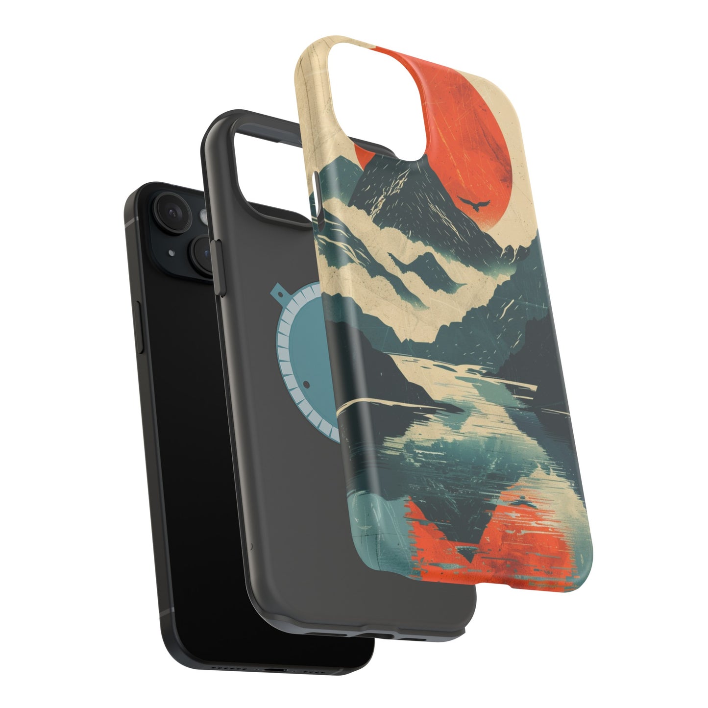 Retro iPhone Case Mountain Sunset Lake Reflection MagSafe Phone Case