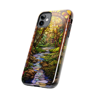 Stained Glass Stone Bridge and River Phone Case: Floral Art Nouveau Design | Bohemian Elegance for iPhone 14 Pro Max, iPhone 14 Plus