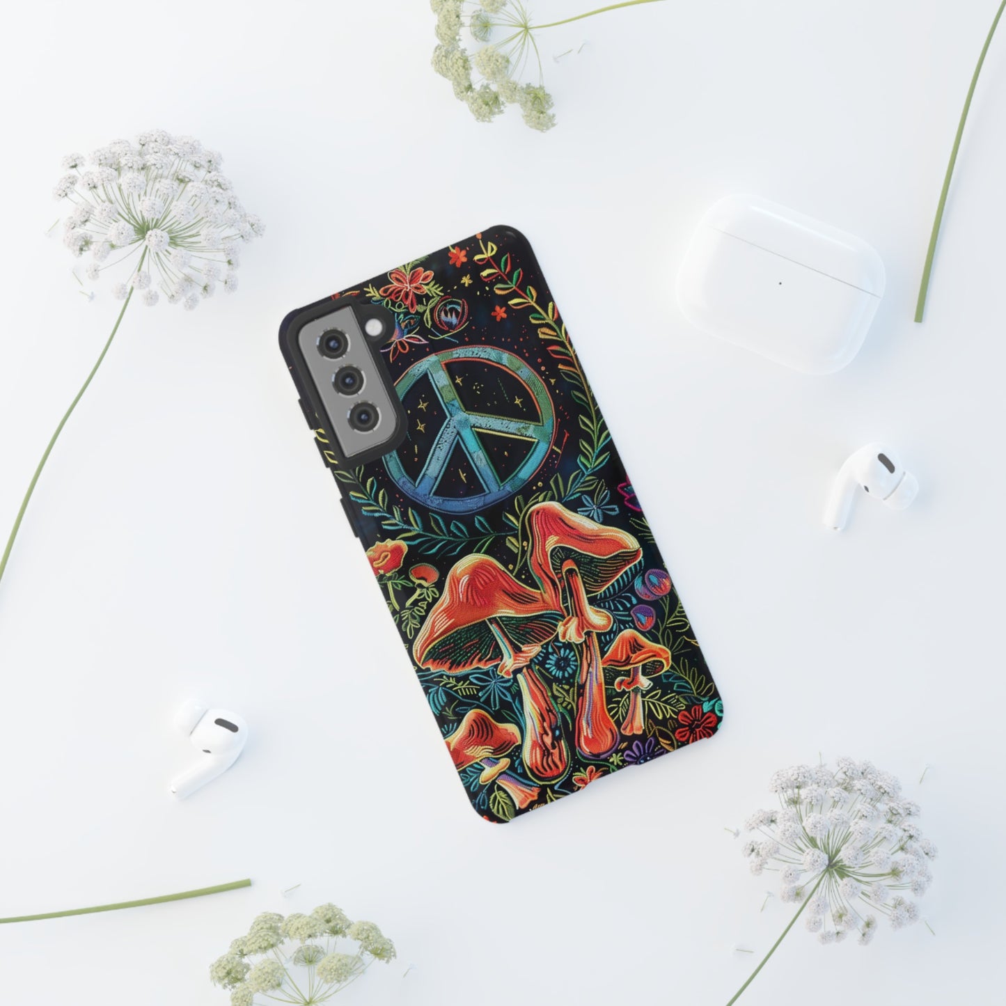 Embroidery Style Magic Mushrooms and Peace Sign Phone Case