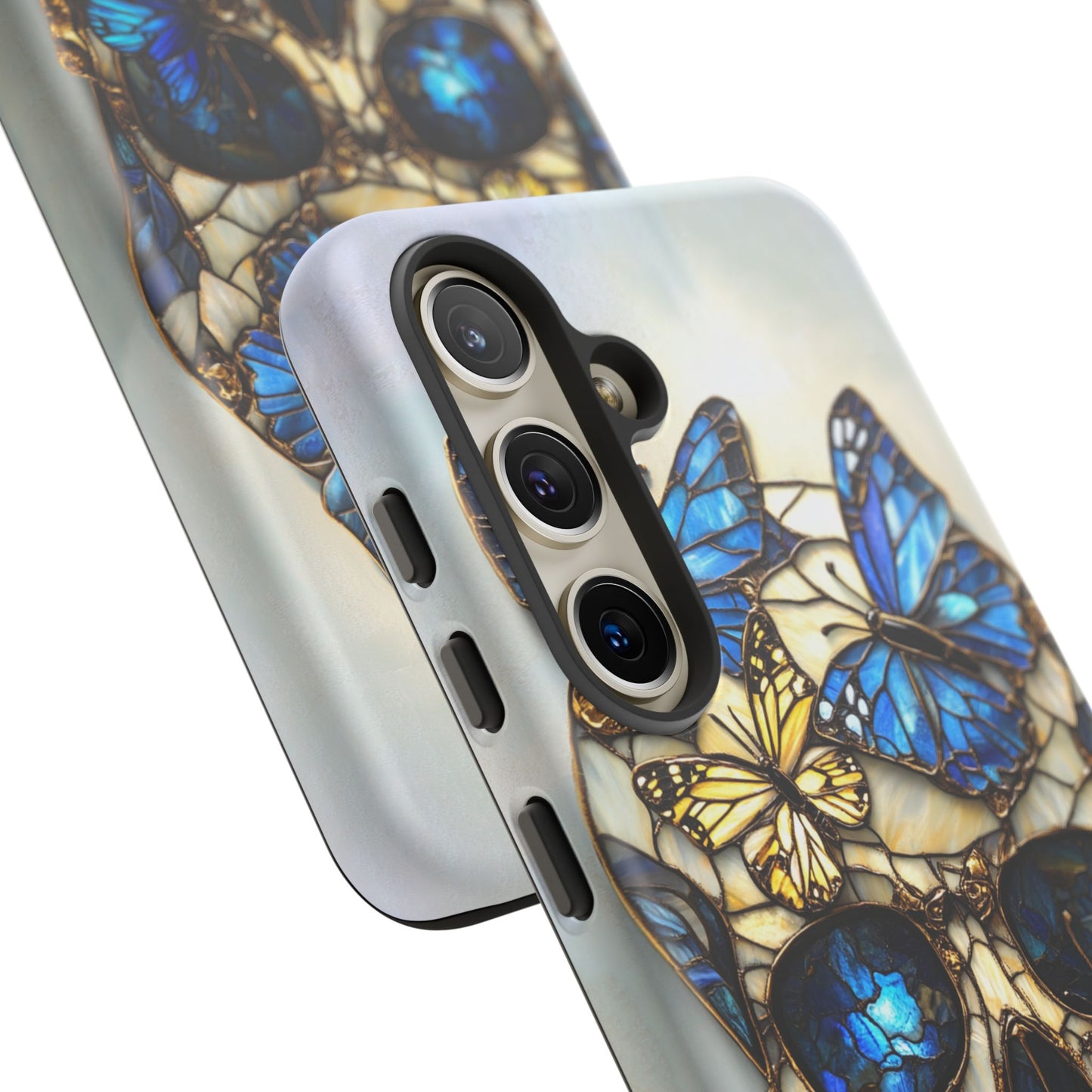 Gold and Blue Stained Glass Skull and Butterflies Phone Cover