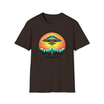 Trippy UFO Galactic Tee - Unisex Cosmic Alien Encounter T-Shirt, Vibrant Space Design