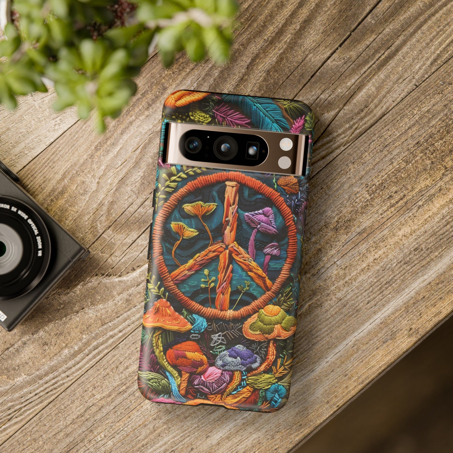 Embroidery Style Magic Mushrooms and Peace Sign Phone Case