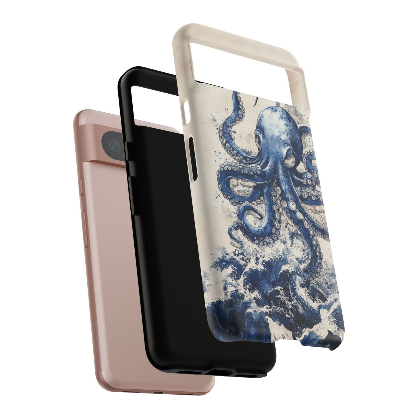 Vintage Japanese Art Style Blue Octopus and Waves Phone Cover