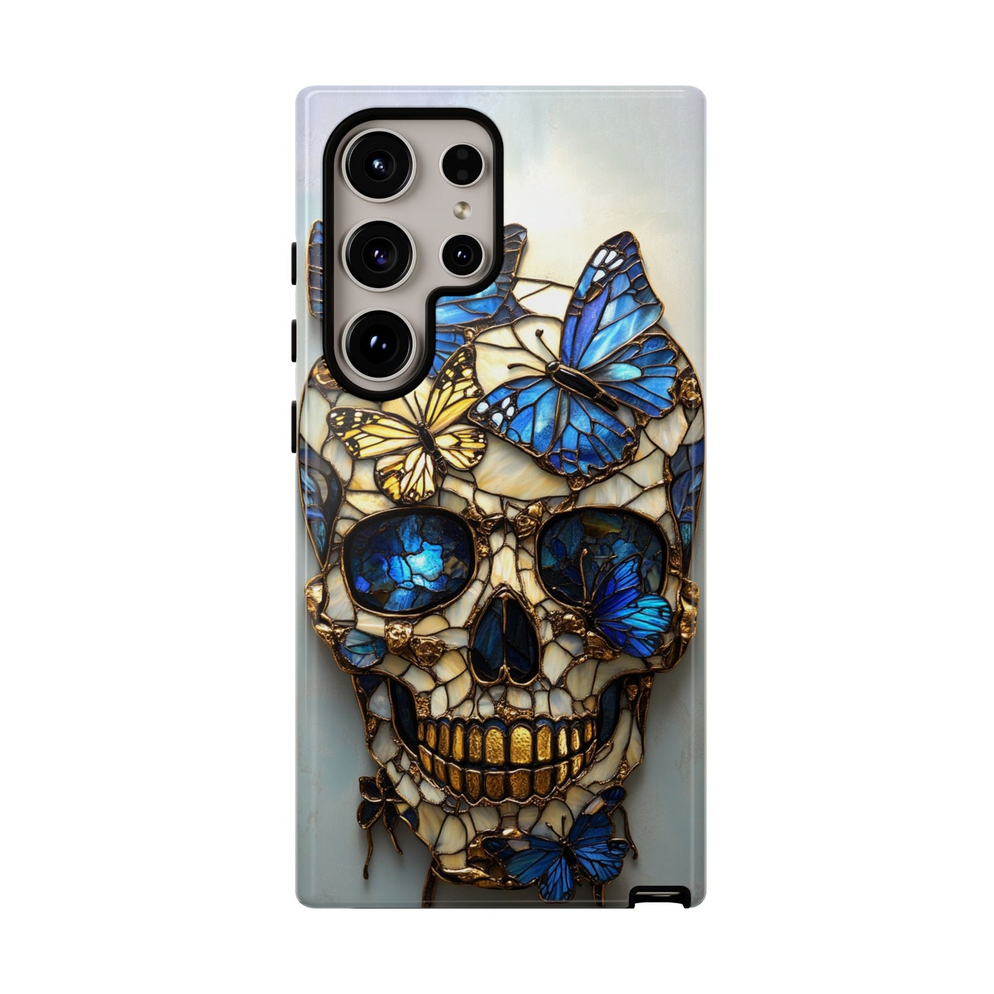 Gold and Blue Stained Glass Skull and Butterflies Phone Cover