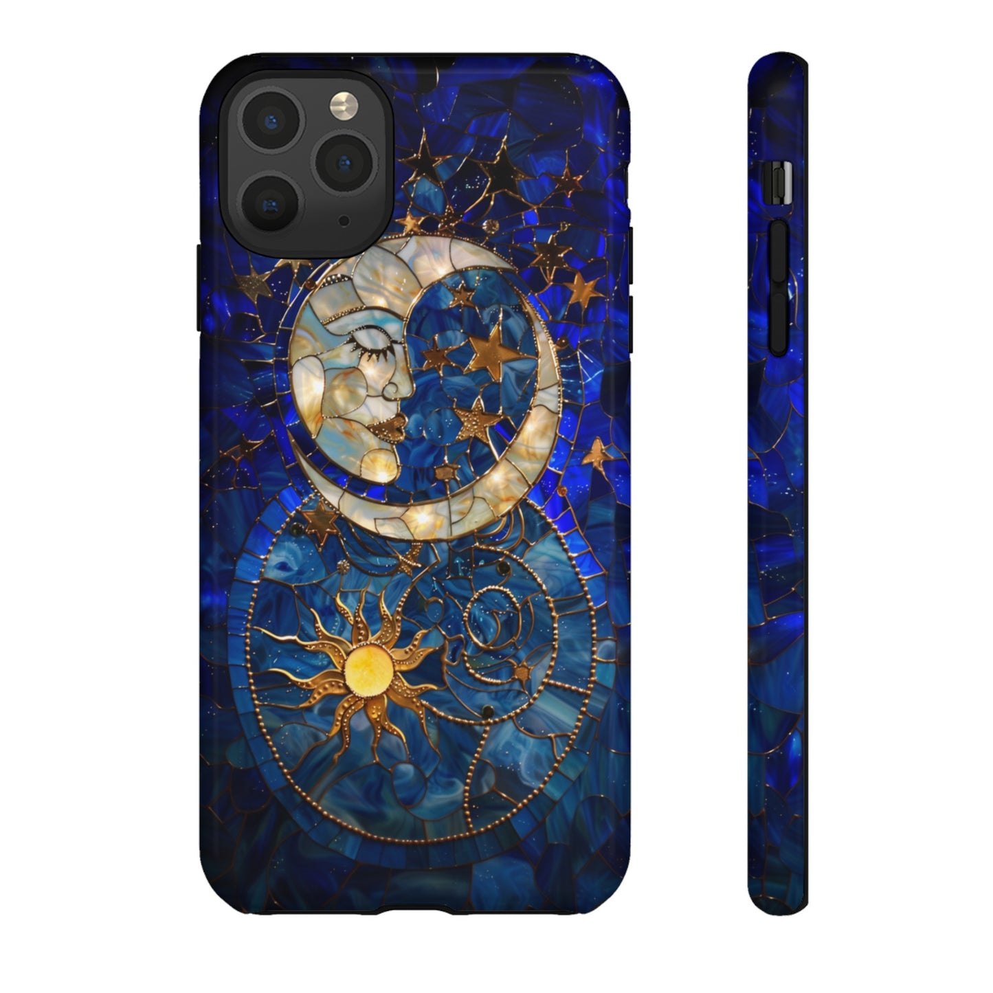 Celestial Stained Glass Moon and Stars Phone Case, Night Sky iPhone 15 Case