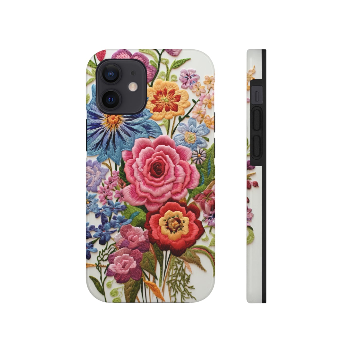 Embroidery Style Floral Aesthetic Flowers in Retro Vintage Tough Case iPhone Case