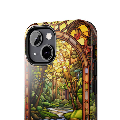 Stained Glass Stone Bridge and River Phone Case: Floral Art Nouveau Design | Bohemian Elegance for iPhone 14 Pro Max, iPhone 14 Plus