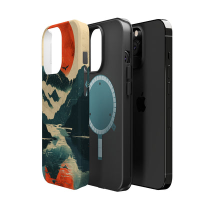 Retro iPhone Case Mountain Sunset Lake Reflection MagSafe Phone Case