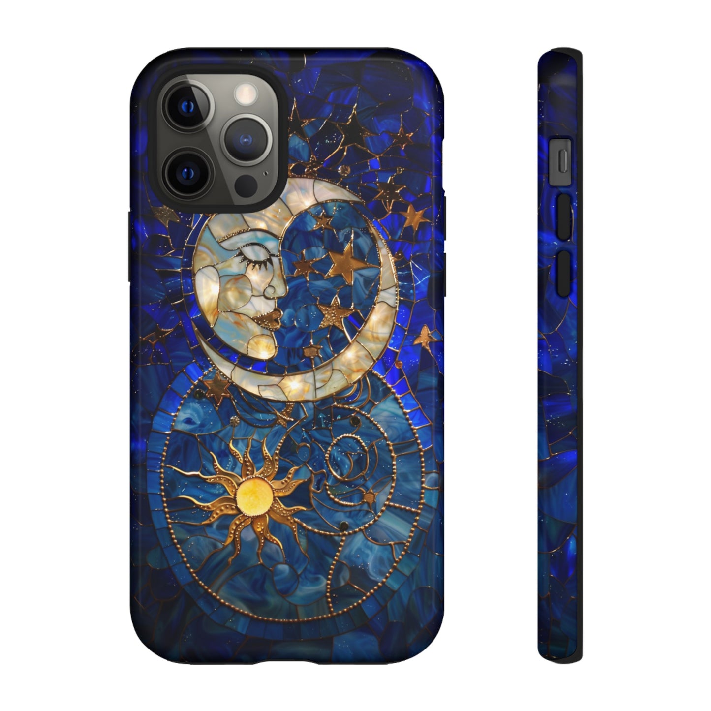 Celestial Stained Glass Moon and Stars Phone Case, Night Sky iPhone 15 Case