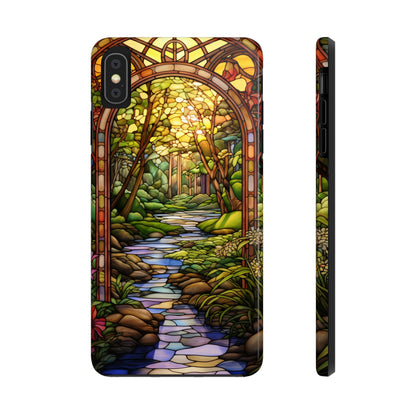 Stained Glass Stone Bridge and River Phone Case: Floral Art Nouveau Design | Bohemian Elegance for iPhone 14 Pro Max, iPhone 14 Plus