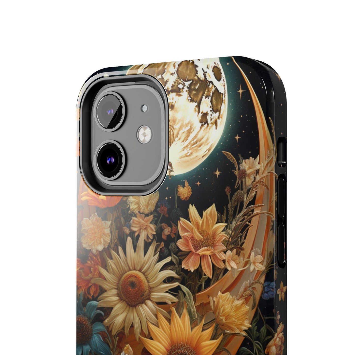 Celestial Charm: iPhone Case with Boho Cottagecore Fusion of Floral, Sun, Moon & Stars