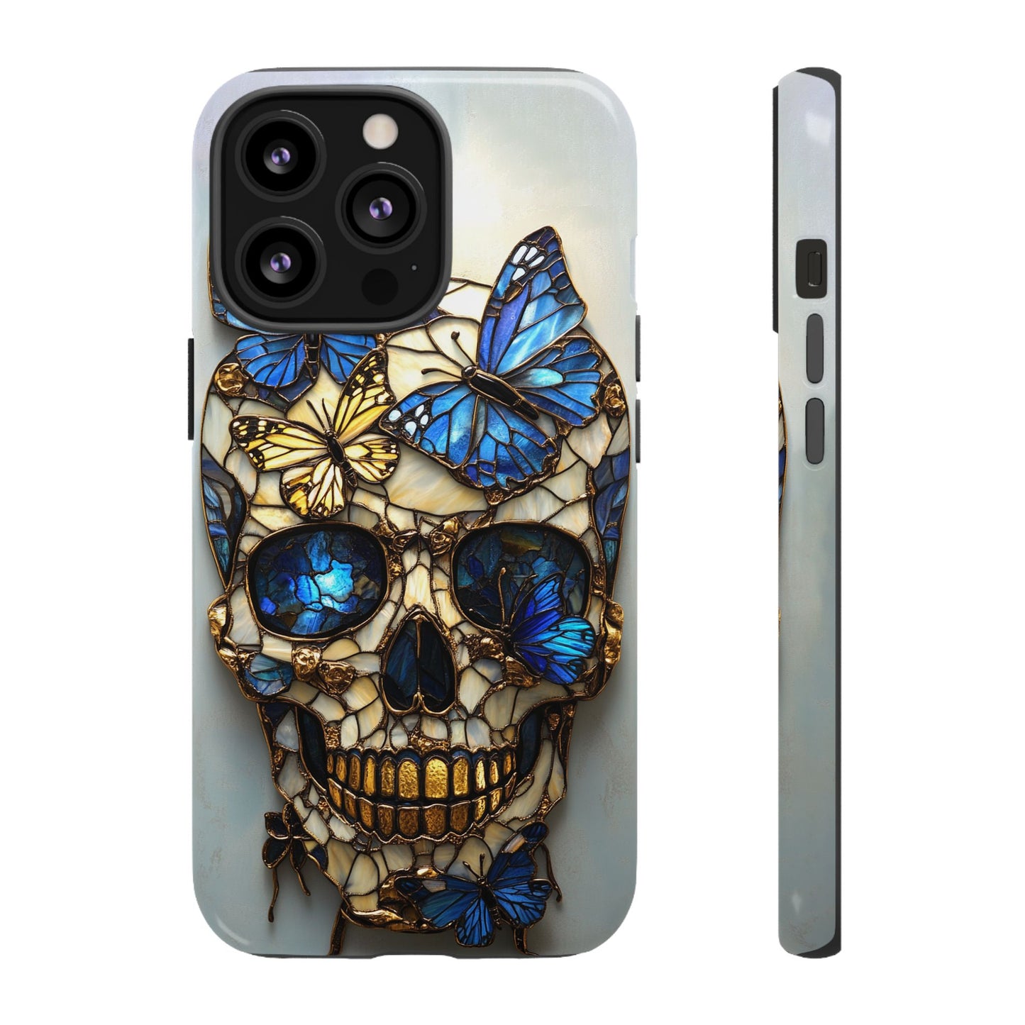 Gold and Blue Stained Glass Skull and Butterflies Phone Cover