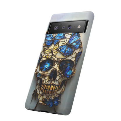 Gold and Blue Stained Glass Skull and Butterflies Phone Cover