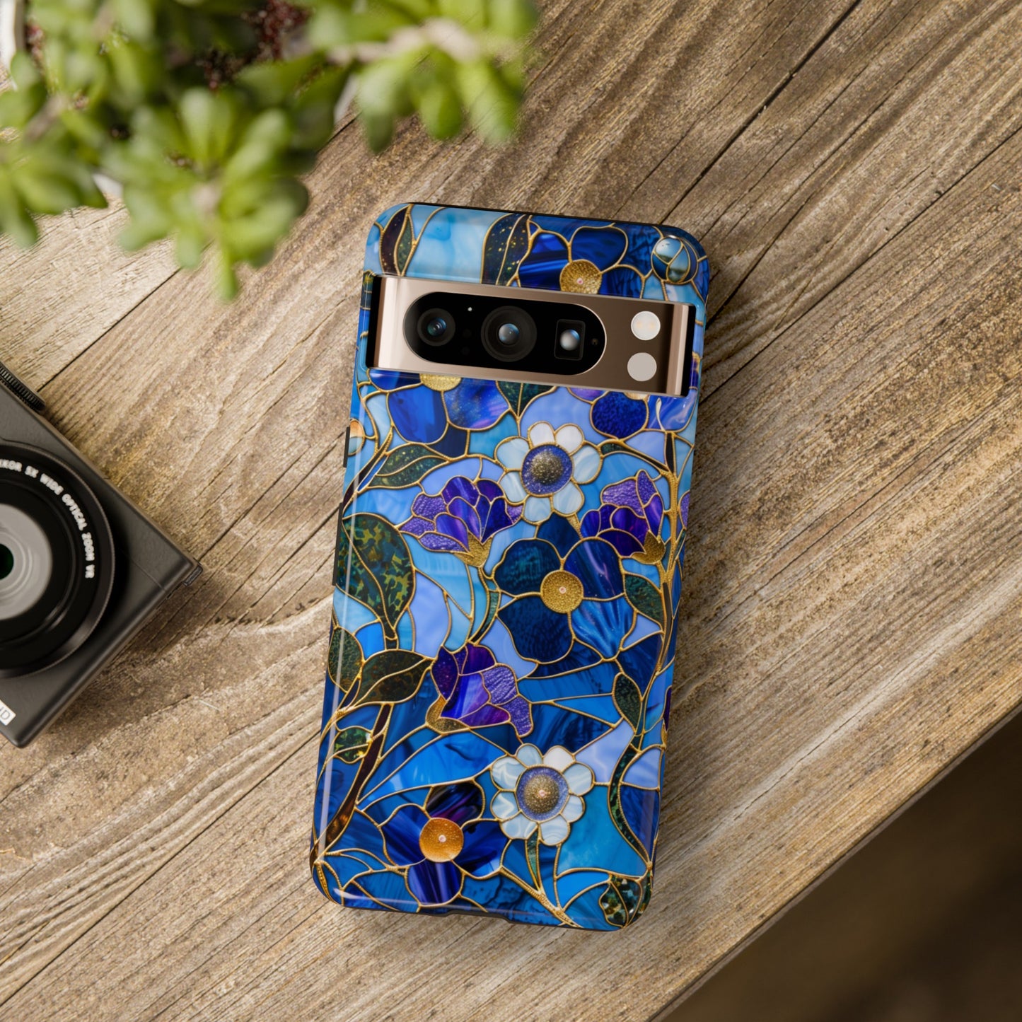 Blue Floral Stained Glass Gold Inlay Wild Flowers Phone Case