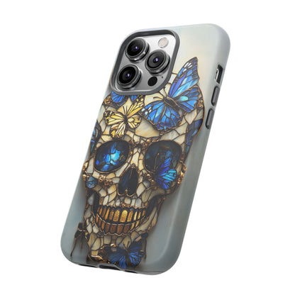 Gold and Blue Stained Glass Skull and Butterflies Phone Cover