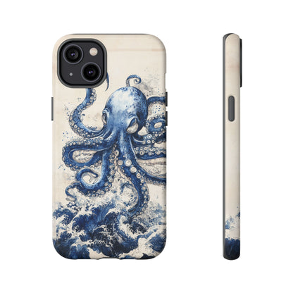 Vintage Japanese Art Style Blue Octopus and Waves Phone Cover