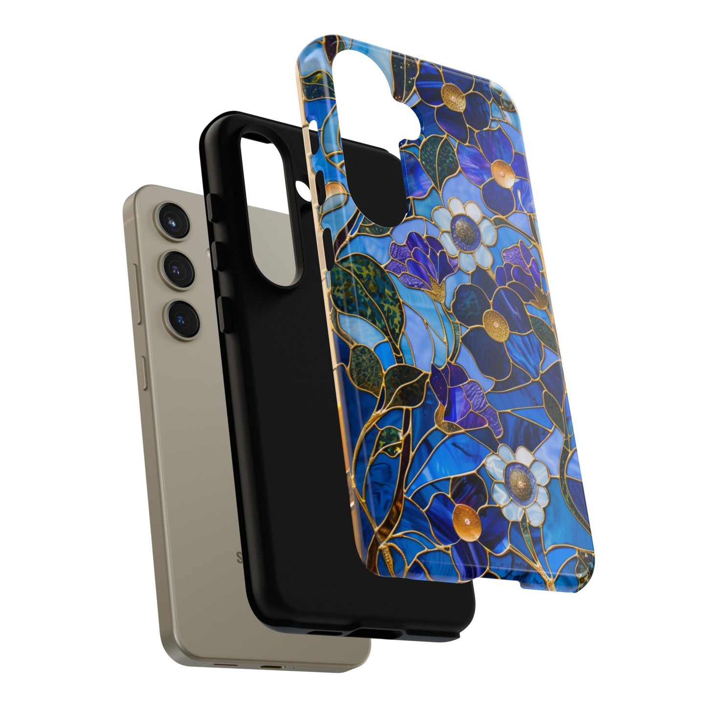 Blue Floral Stained Glass Gold Inlay Wild Flowers Phone Case