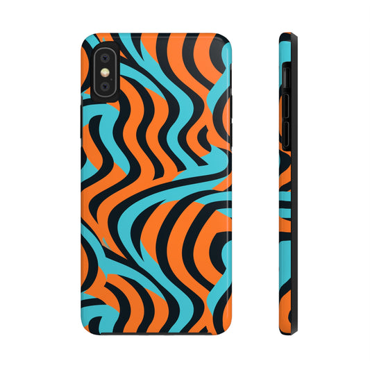 Optical Illusion, Black, Blue and Orange, Psychedelic, Wave Pattern, Tough iPhone Case | iPhone 14 Plus 13 12 7 8 Se Hippie Boho Trendy