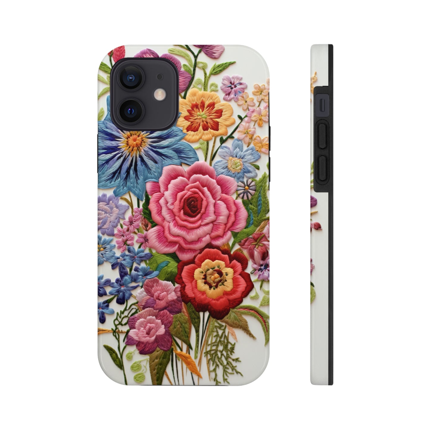 Embroidery Style Floral Aesthetic Flowers in Retro Vintage Tough Case iPhone Case