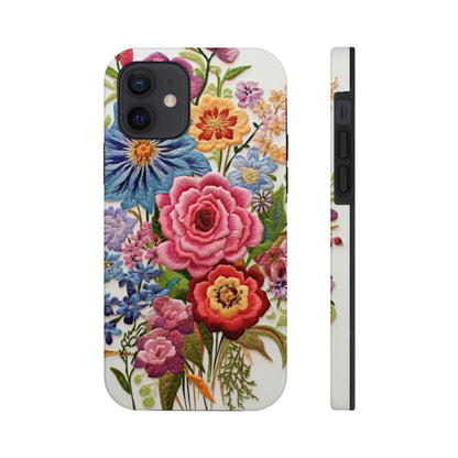 Embroidery Style Floral Aesthetic Flowers in Retro Vintage Tough Case iPhone Case