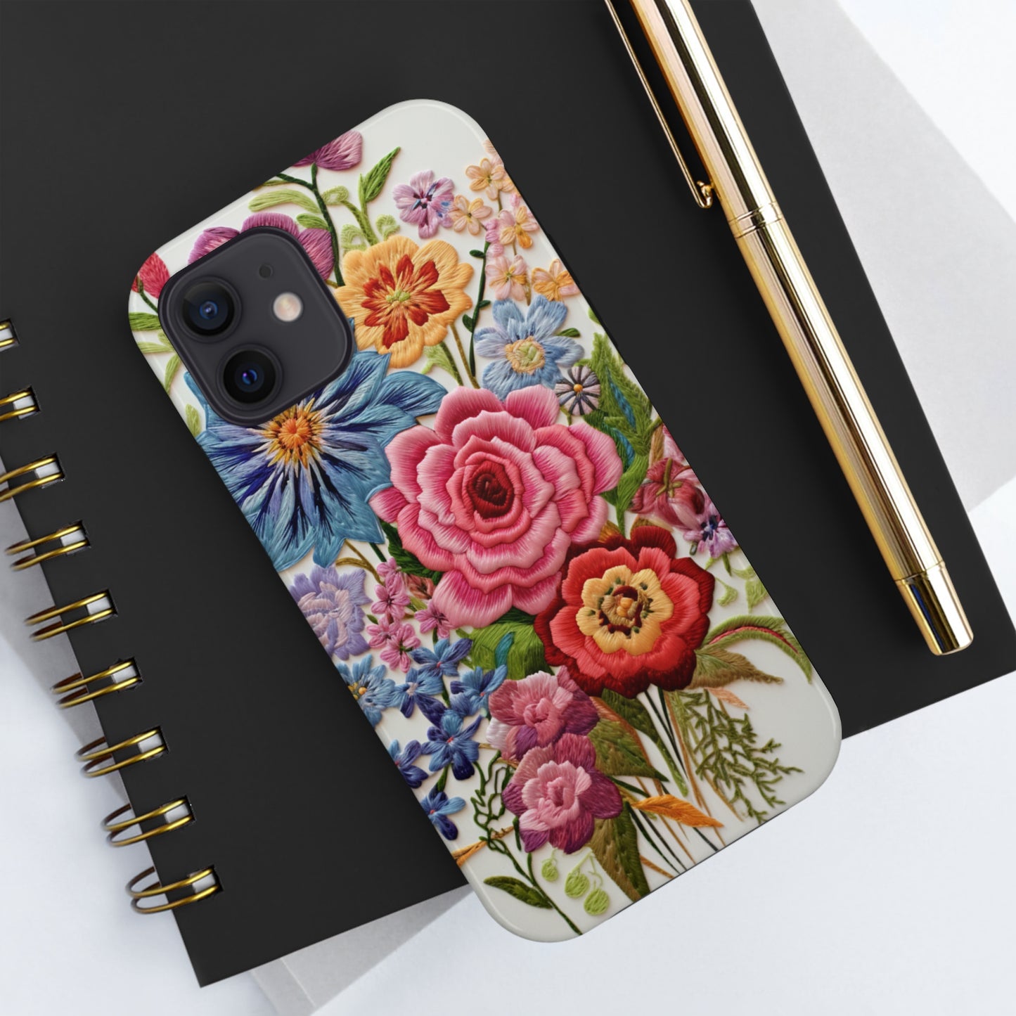 Embroidery Style Floral Aesthetic Flowers in Retro Vintage Tough Case iPhone Case