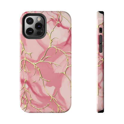 iPhone Elegance Unveiled: Pink & Gold Leaf Marble | Premium Tough iPhone Case