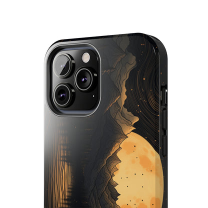 Abstract Landscape Black and Gold Mountains iPhone Case | Embrace the Mystical Full Moon