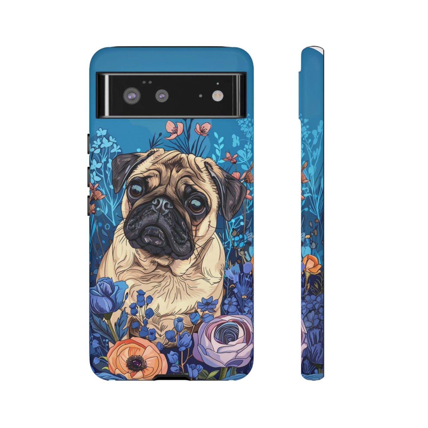 Cute Pug Dog Blue Floral Design Phone Case