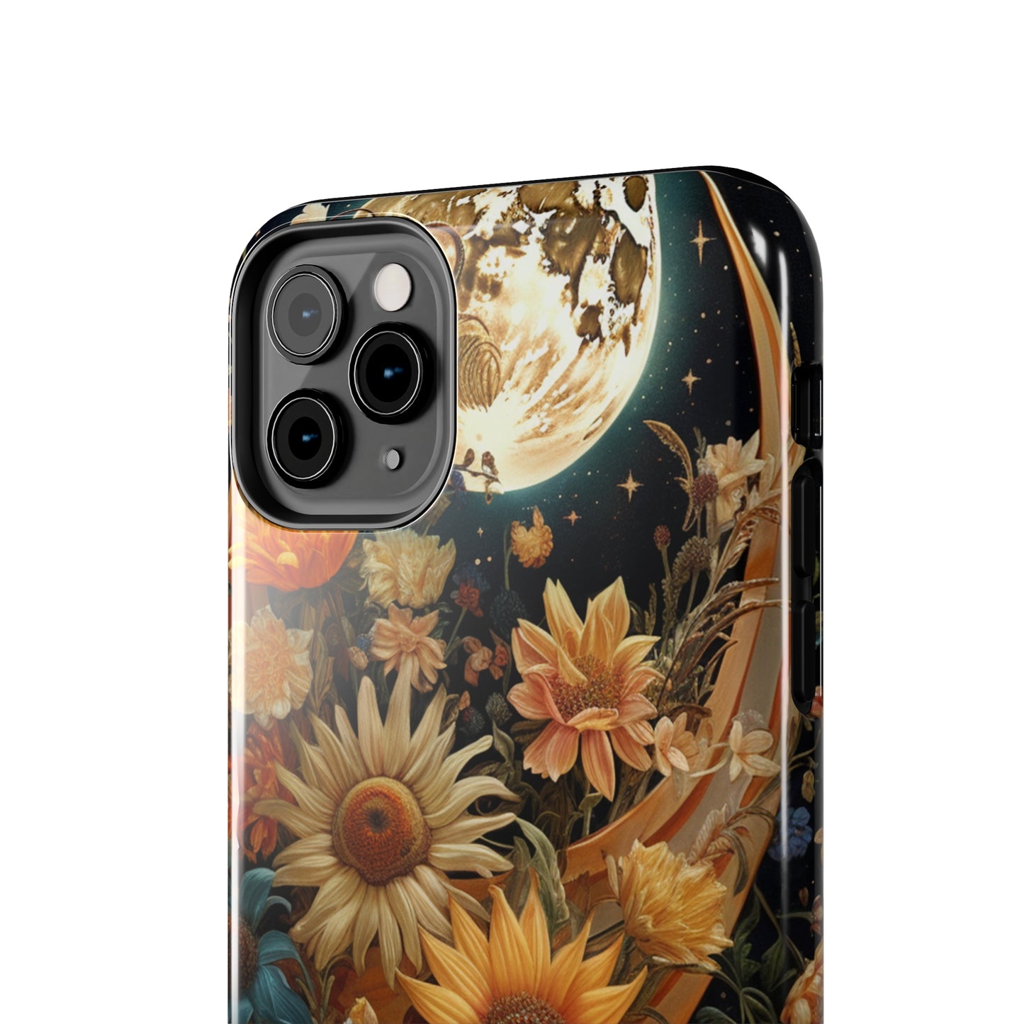 Celestial Charm: iPhone Case with Boho Cottagecore Fusion of Floral, Sun, Moon & Stars