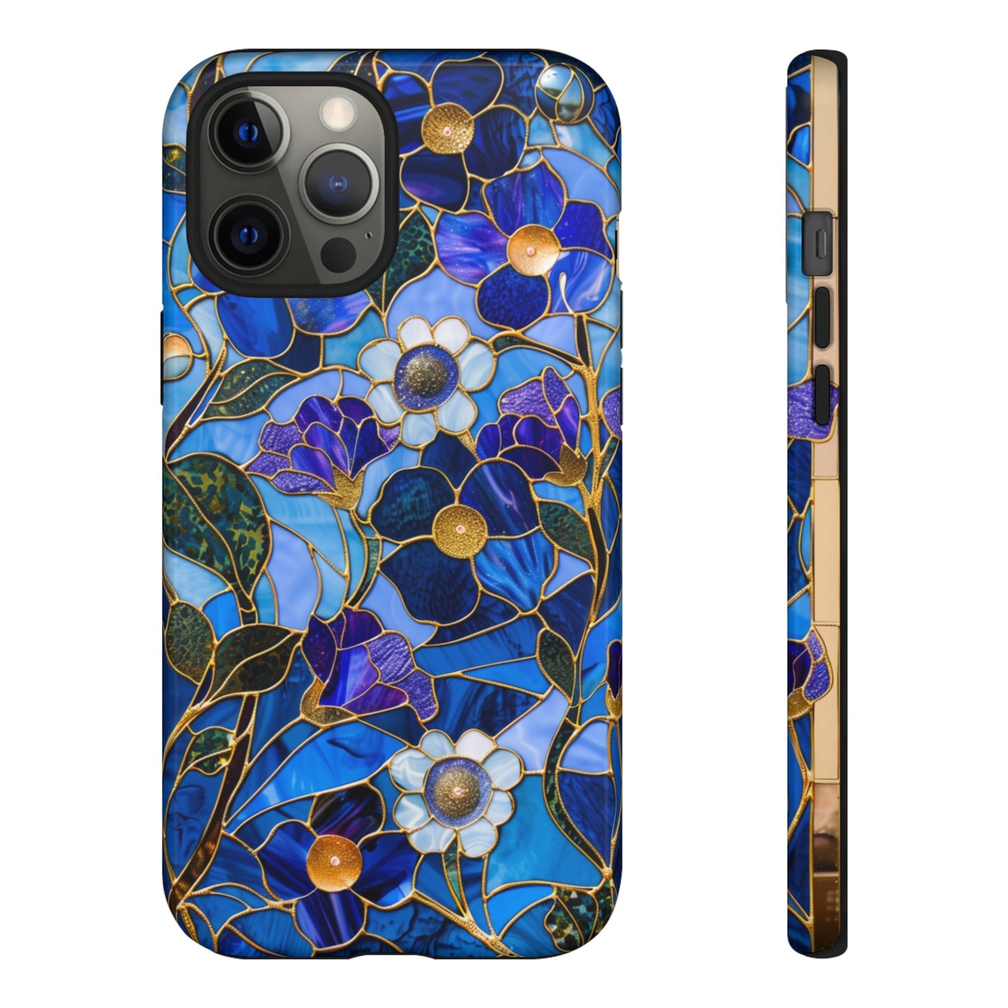 Blue Floral Stained Glass Gold Inlay Wild Flowers Phone Case