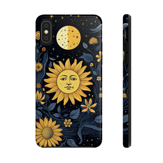 Whimsical cottagecore iPhone case with sun, moon, and stars