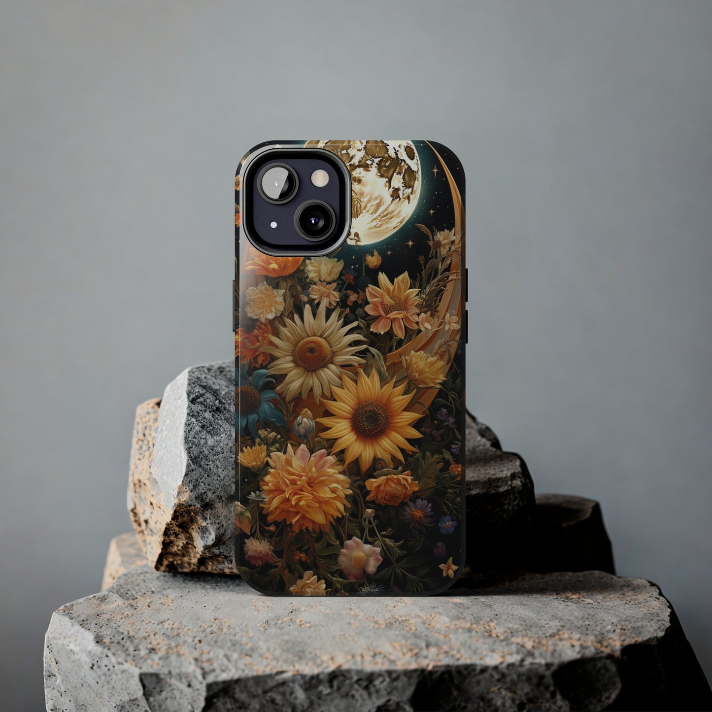 Celestial Charm: iPhone Case with Boho Cottagecore Fusion of Floral, Sun, Moon & Stars