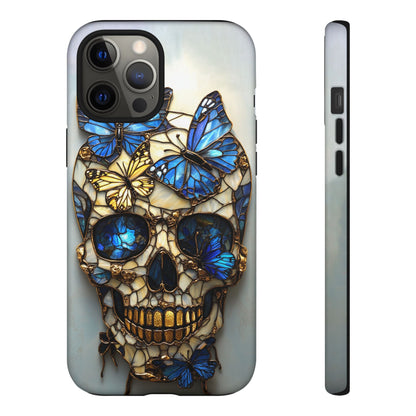 Gold and Blue Stained Glass Skull and Butterflies Phone Cover