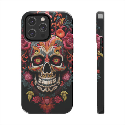 Embroidery Style Sugar Skulls Goth Dark Academia Tough Case iPhone, Edgy Cover, iPhone 14 Plus 13 12 7 8 Se Trendy Halloween Retro Vibe