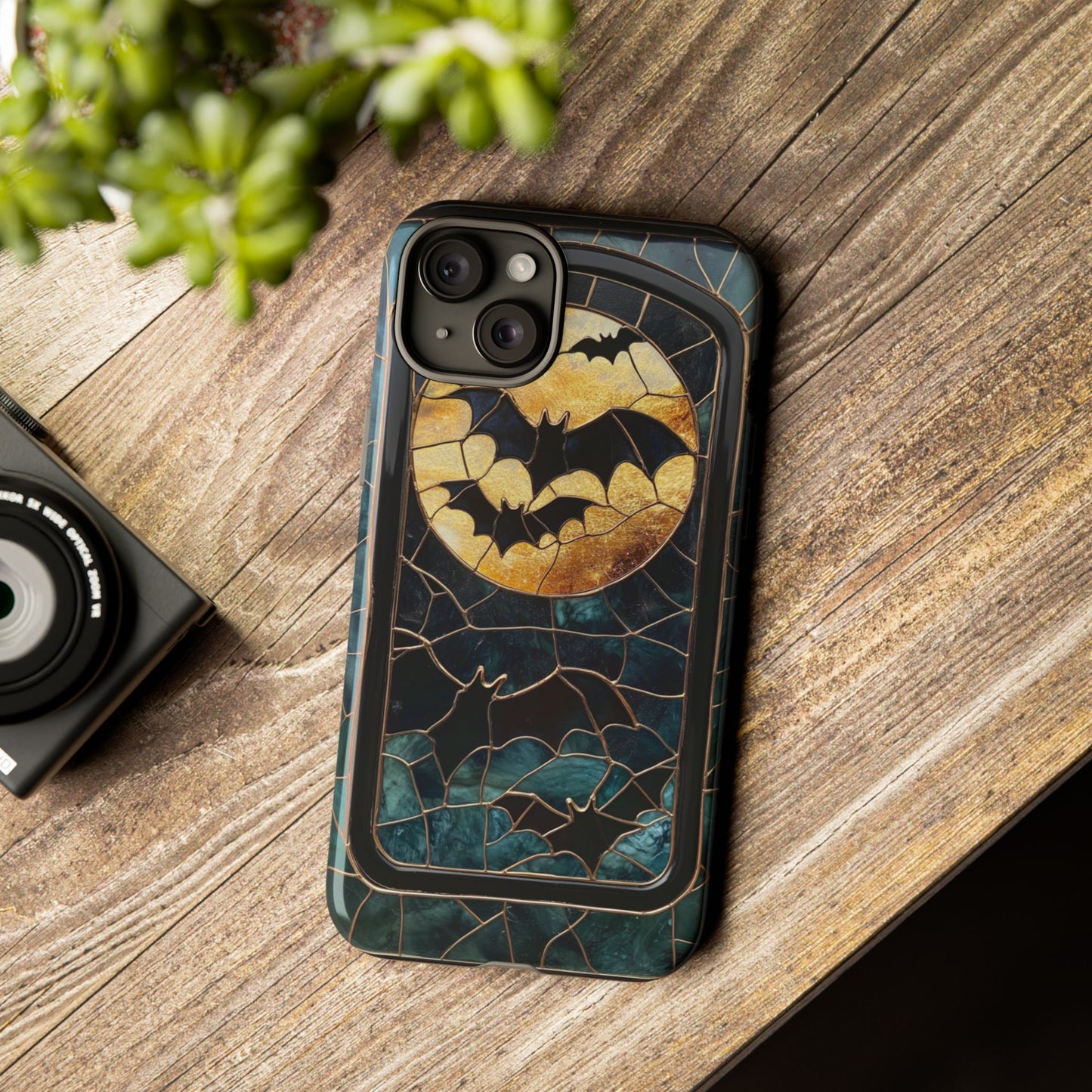 Halloween Phone Case Bats Stained Glass Style Spooky Moon Phone Cover