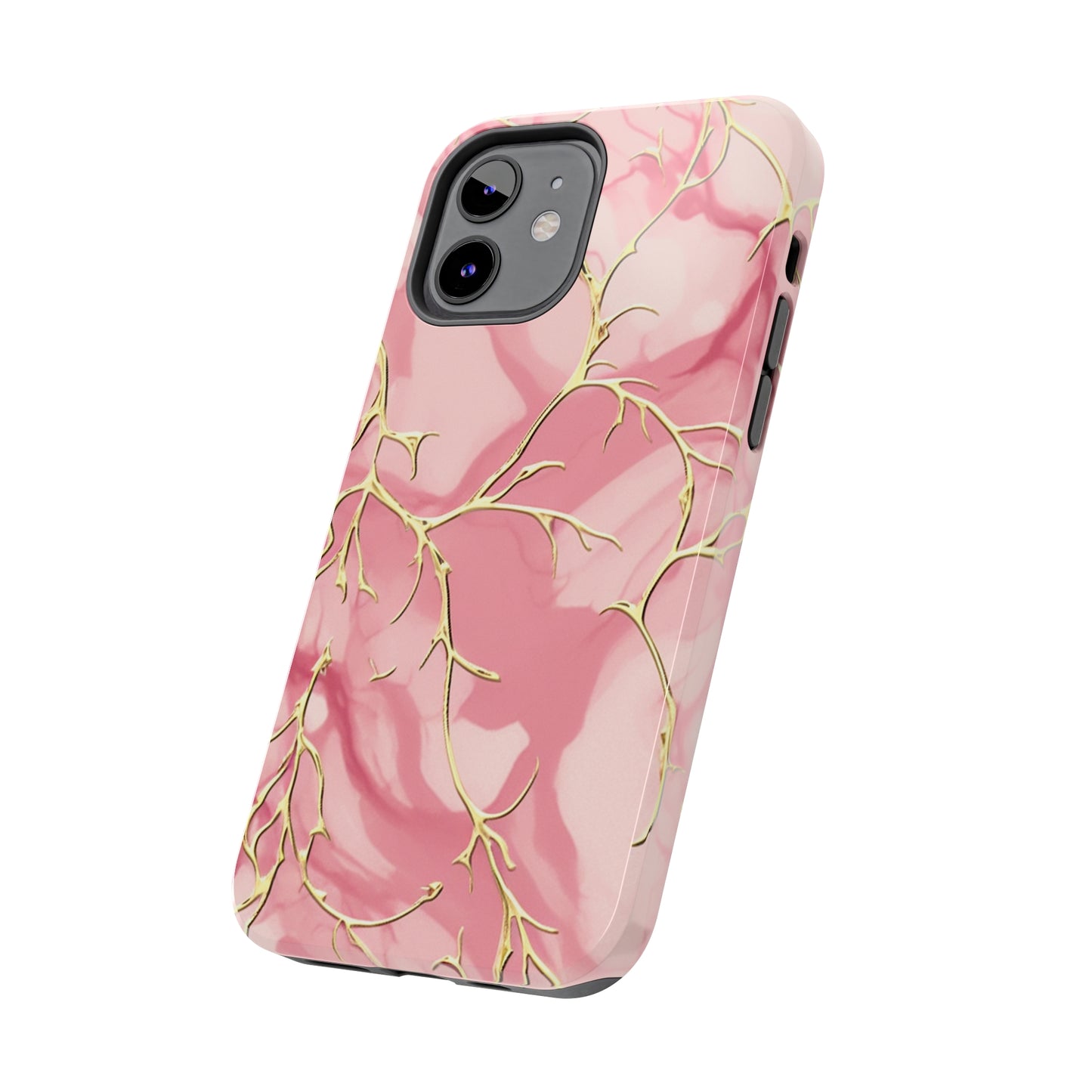 iPhone Elegance Unveiled: Pink & Gold Leaf Marble | Premium Tough iPhone Case