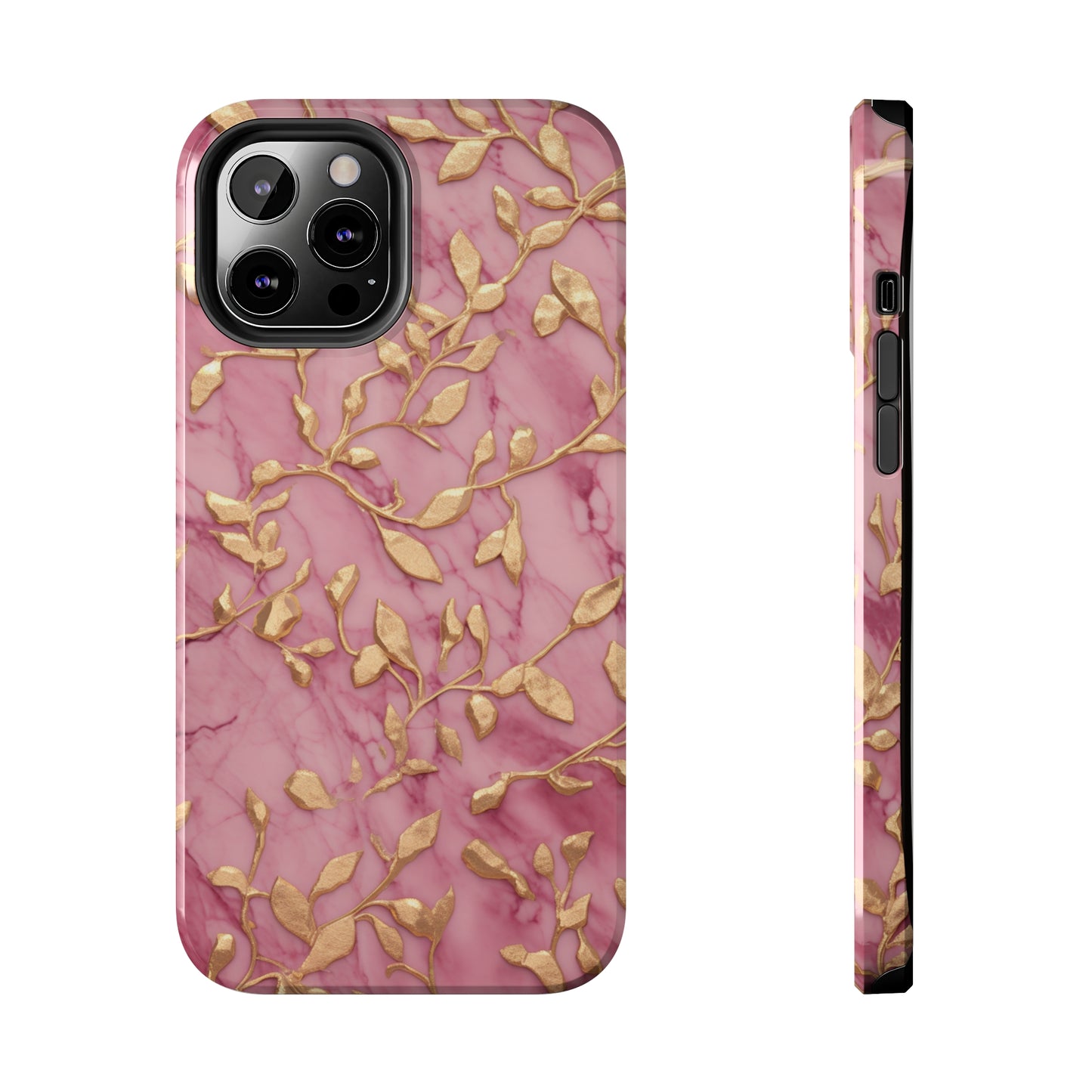 iPhone 14 Case Alluring Elegance: Pink & Gold Leaf Tough iPhone Case